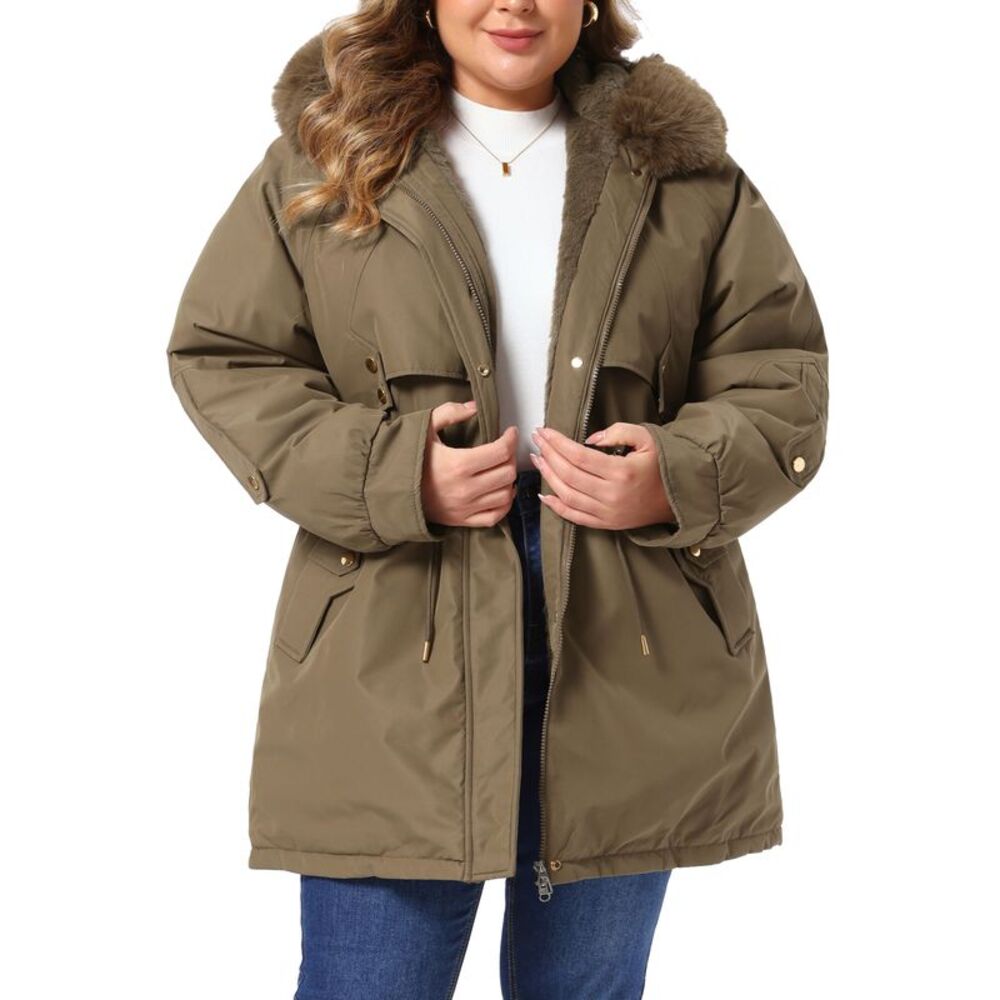 Women Plus Size Drawstring Waist Detachable Hood Trench Coat Coffee